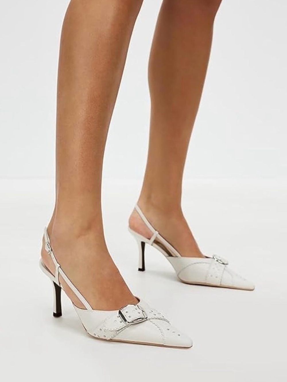 White Slingback Pointed Toe Heels with Buckle - Picture 4 of 5